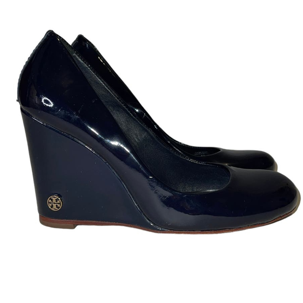 Tory Burch Dark Midnight Blue Round Toe Patent Leather Wedge Heel Size 6.5 - Picture 2 of 12